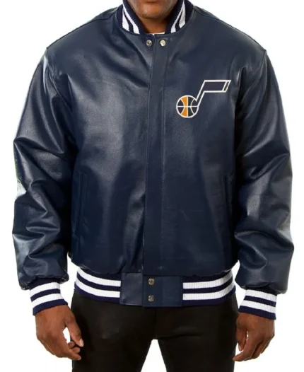 NBA Utah Jazz Navy Bomber Leather Jacket | Trendy Leather Jackets