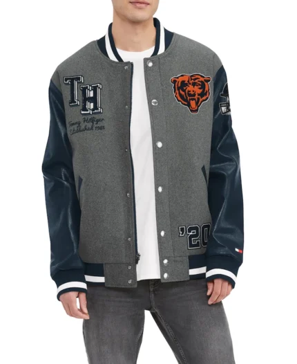 NFL Chicago Bears Heather Gray Gunner Varsity Jacket | Trendy Leather Jackets