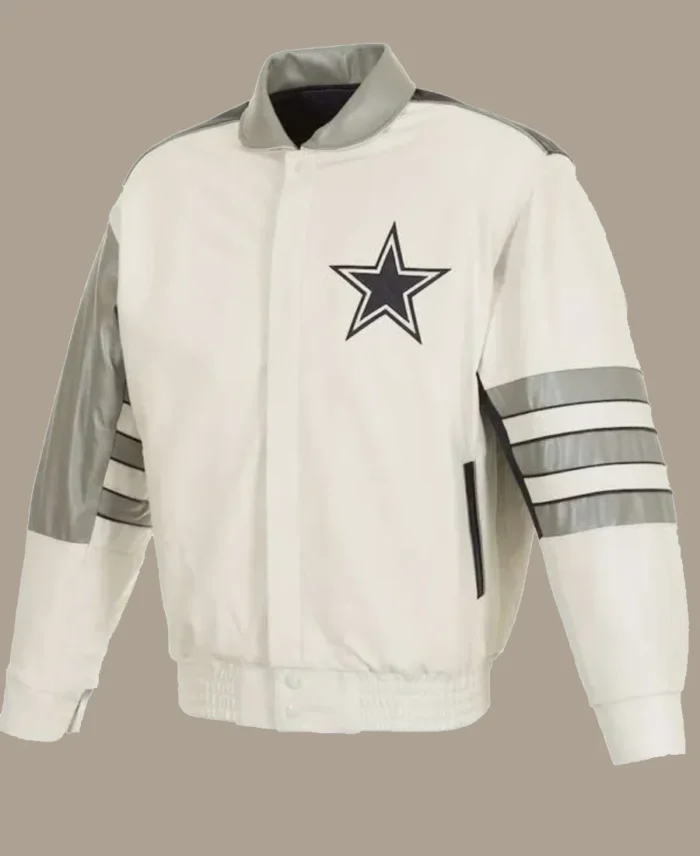 NFL Dallas Cowboys White Leather Varsity Jacket | Trendy Leather Jackets