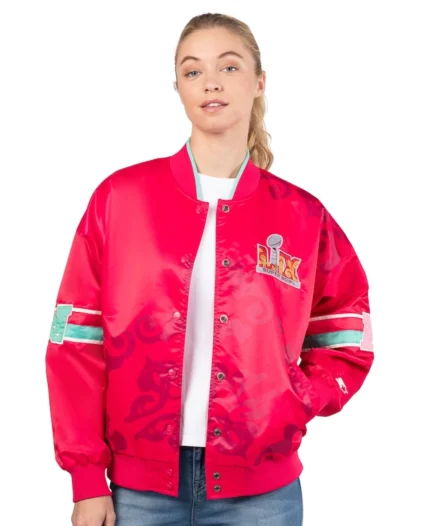 NFL Women's Super Bowl LIX Pink Varsity Jacket | Trendy Leather Jackets