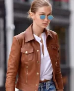 NYC Gigi Hadid Brown Moto Leather Jacket | Trendy Leather Jackets
