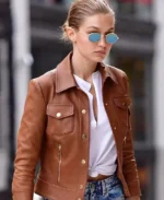 NYC Gigi Hadid Brown Moto Leather Jacket | Trendy Leather Jackets