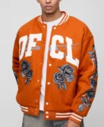 Ofcl Rose Orange Varsity Jacket | Trendy Leather Jackets