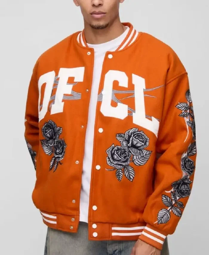 Ofcl Rose Orange Varsity Jacket | Trendy Leather Jackets