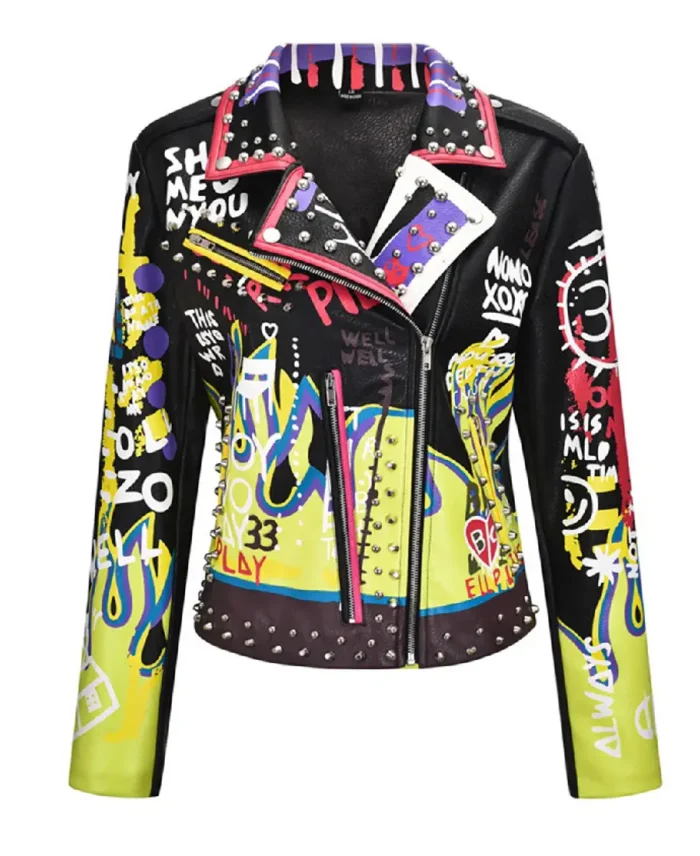 Punk Rock Fire Graffiti Studded Motorcycle Jacket | Trendy Leather Jackets