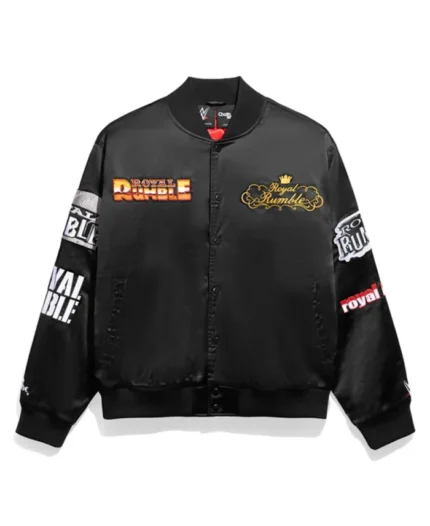 Royal Rumble Historic Logos Quilted Satin Jacket | Trendy Leather Jackets