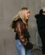 Sabrina Carpenter Cropped Shearling Trimmed Jacket | Trendy Leather Jackets