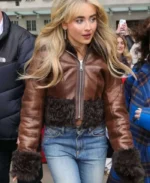 Sabrina Carpenter Cropped Shearling Trimmed Jacket | Trendy Leather Jackets