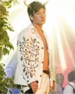 Saltburn Oliver Quick Green Leaf Embroidery White Jacket | Trendy Leather Jackets