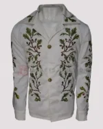 Saltburn Oliver Quick Green Leaf Embroidery White Jacket | Trendy Leather Jackets