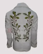 Saltburn Oliver Quick Green Leaf Embroidery White Jacket | Trendy Leather Jackets