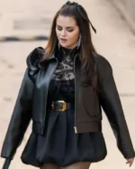Selena Gomez Black Rose Cropped Leather Jacket