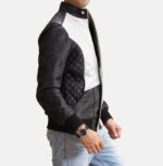 Silver Black Leather Bomber Jacket