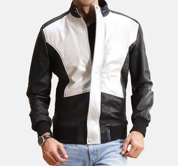 Silver Black Leather Bomber Jacket