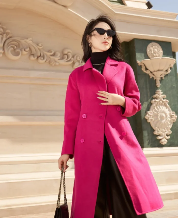 Sixdo Double Breasted Pink Long Coat | Trendy Leather Jackets