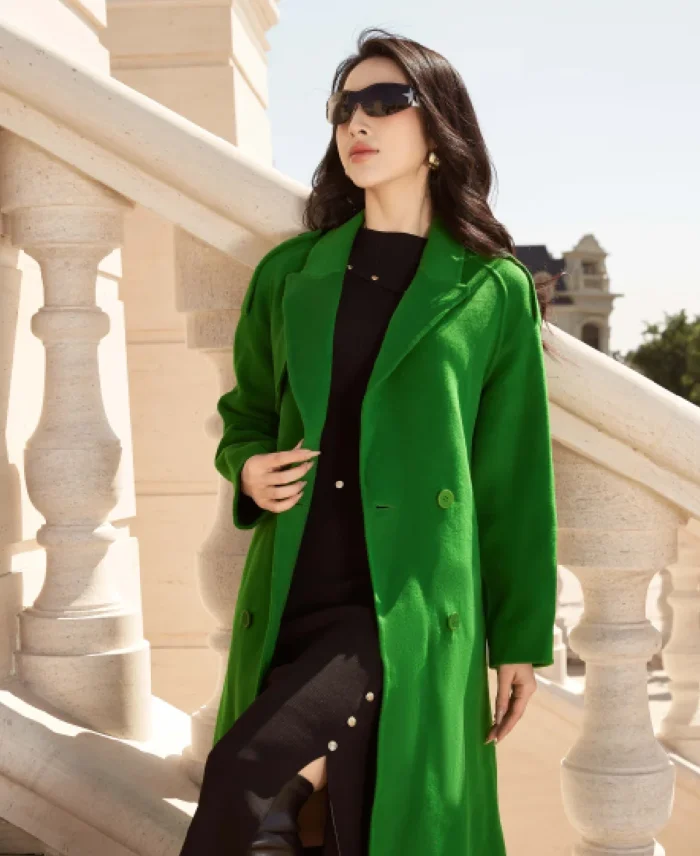 Sixdo Green Peak Lapel Neck Long Coat | Trendy Leather Jackets