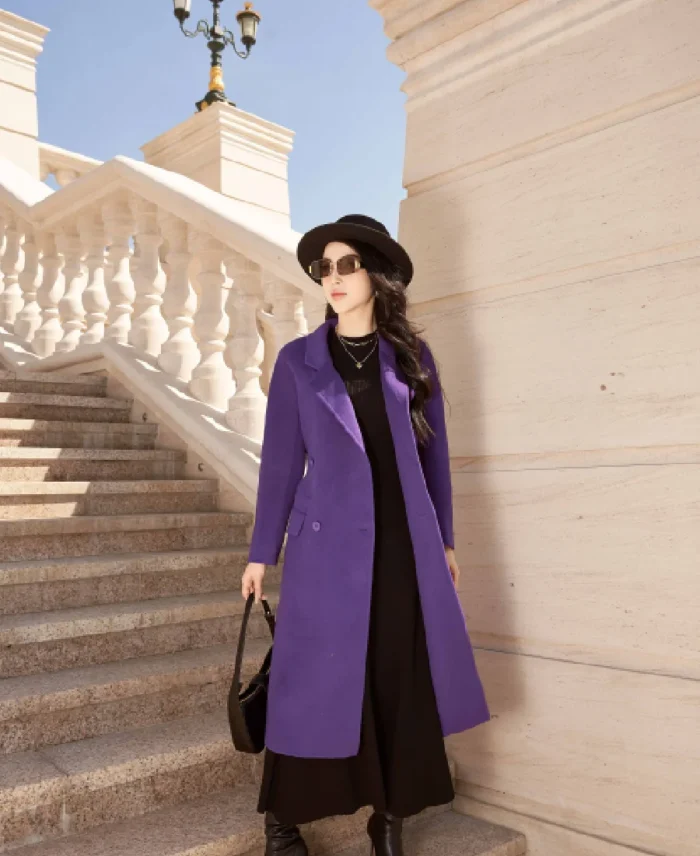 Sixdo Purple Lapel Neck Long Coat | Trendy Leather Jackets