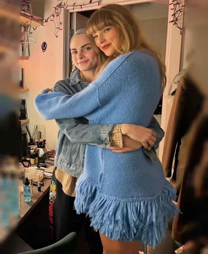 Taylor Swift Stella McCartney Blue Fringed Sweater | Trendy Leather Jackets
