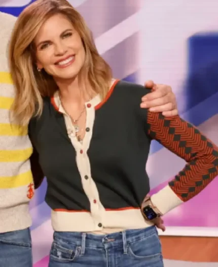 The Talk Farewell Season 15 Natalie Morales Green and Red Printed Cardigan | Trendy Leather Jackets