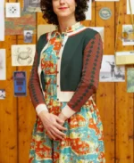 The Talk Farewell Season 15 Natalie Morales Green and Red Printed Cardigan | Trendy Leather Jackets
