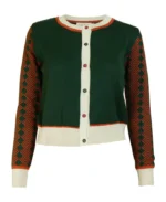 The Talk Farewell Season 15 Natalie Morales Green and Red Printed Cardigan | Trendy Leather Jackets
