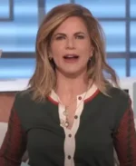 The Talk Farewell Season 15 Natalie Morales Green and Red Printed Cardigan | Trendy Leather Jackets