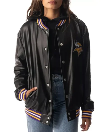 The Wild Collective Minnesota Vikings Black Snap Bomber Jacket | Trendy Leather Jackets