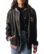 The Wild Collective Minnesota Vikings Black Snap Bomber Jacket | Trendy Leather Jackets