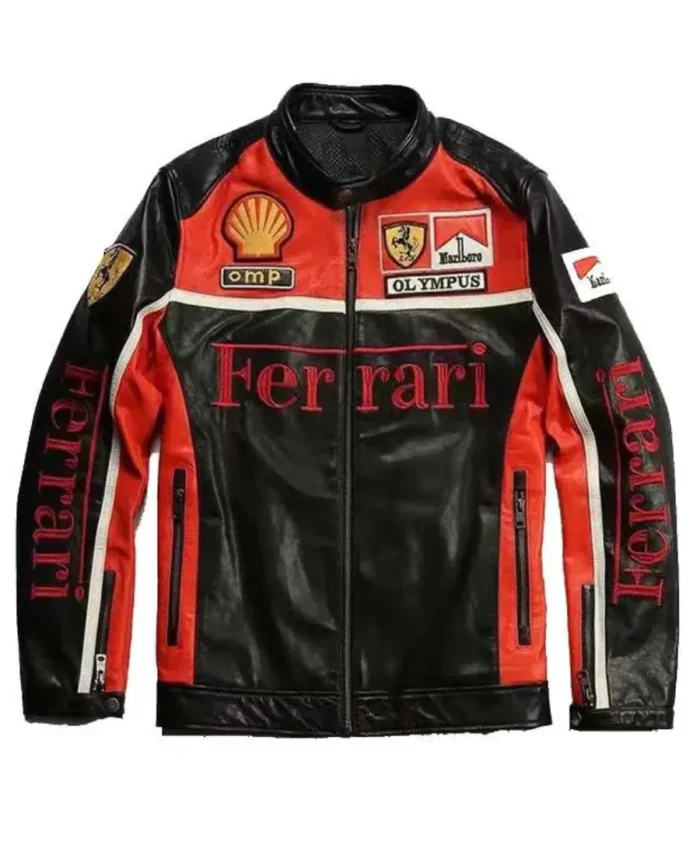 Vintage Black and Red Ferrari Leather Biker Jacket | Trendy Leather Jackets