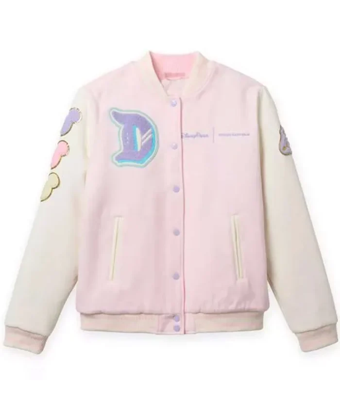 Women Disneyland Pink Varsity Jacket | Trendy Leather Jackets