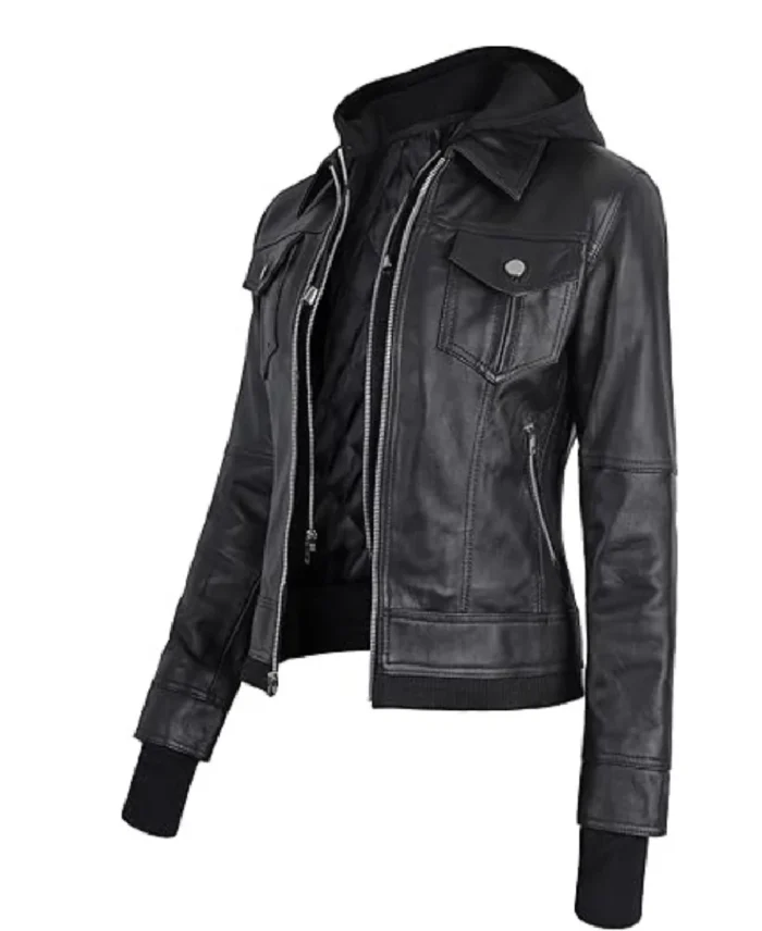 Women Removable Hood Black Leather Bomber Jacket | Trendy Leather Jackets