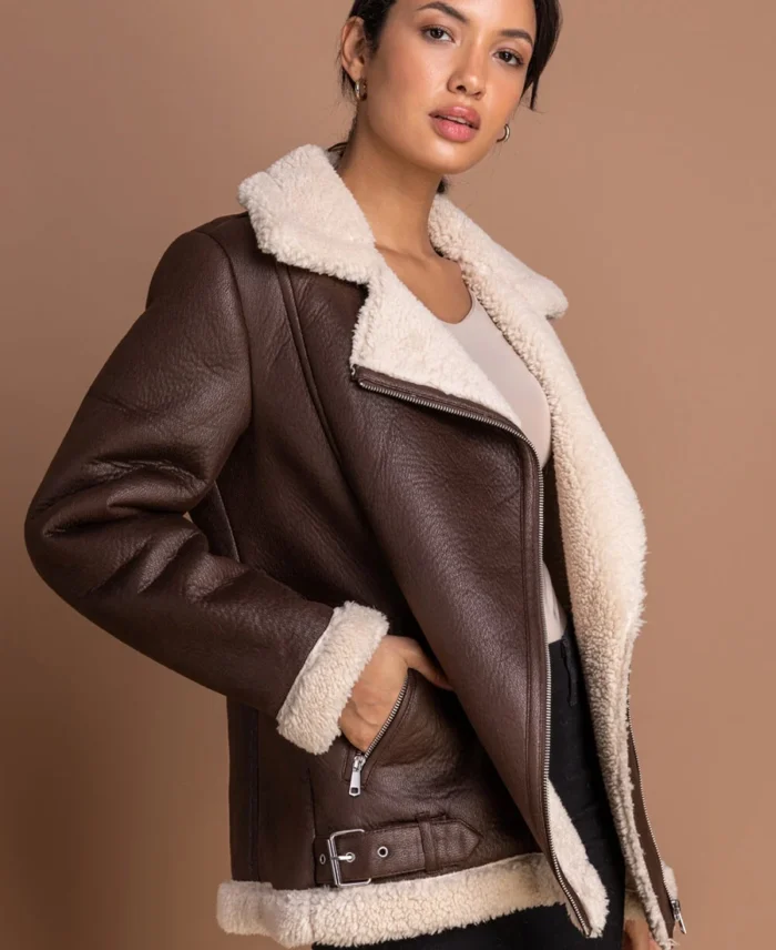 Women's Brown Sherpa Lined Aviator Jacket | Trendy Leather Jackets
