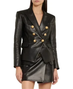Women's Kim Double Breasted Black Leather Blazer | Trendy Leather Jackets