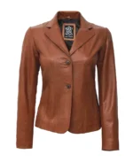 Women's Two Button Tan Leather Blazer | Trendy Leather Jackets