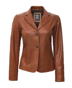 Women's Two Button Tan Leather Blazer | Trendy Leather Jackets